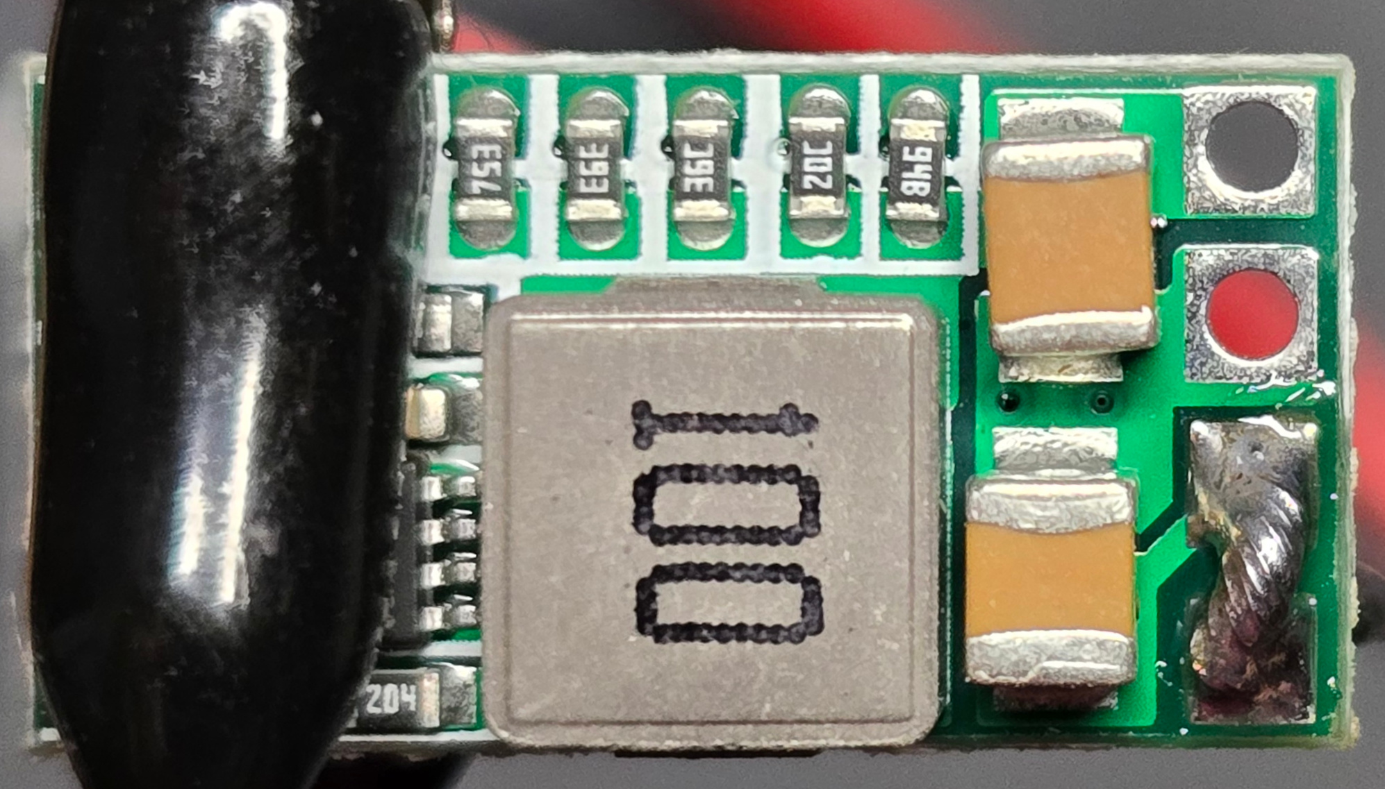 Top view of soldered positive wire